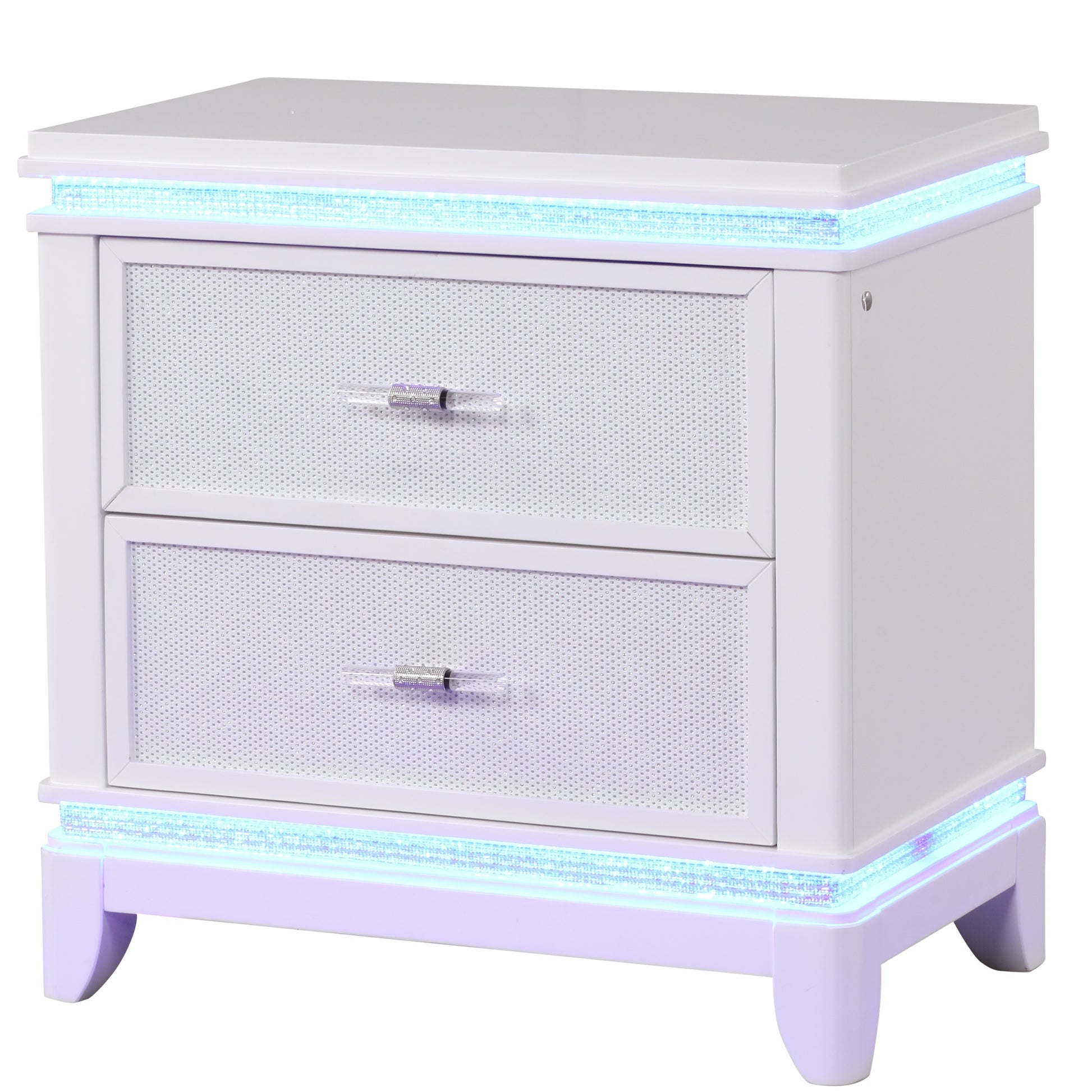 White modern drawer nightstand with LED lighting and crystal drawer pulls