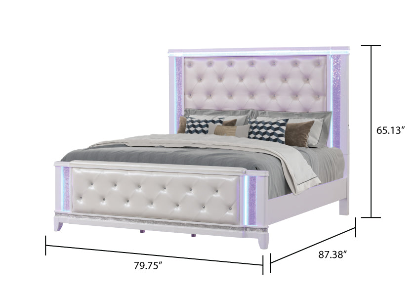 White tufted platform bed with crystal accents and LED lights
