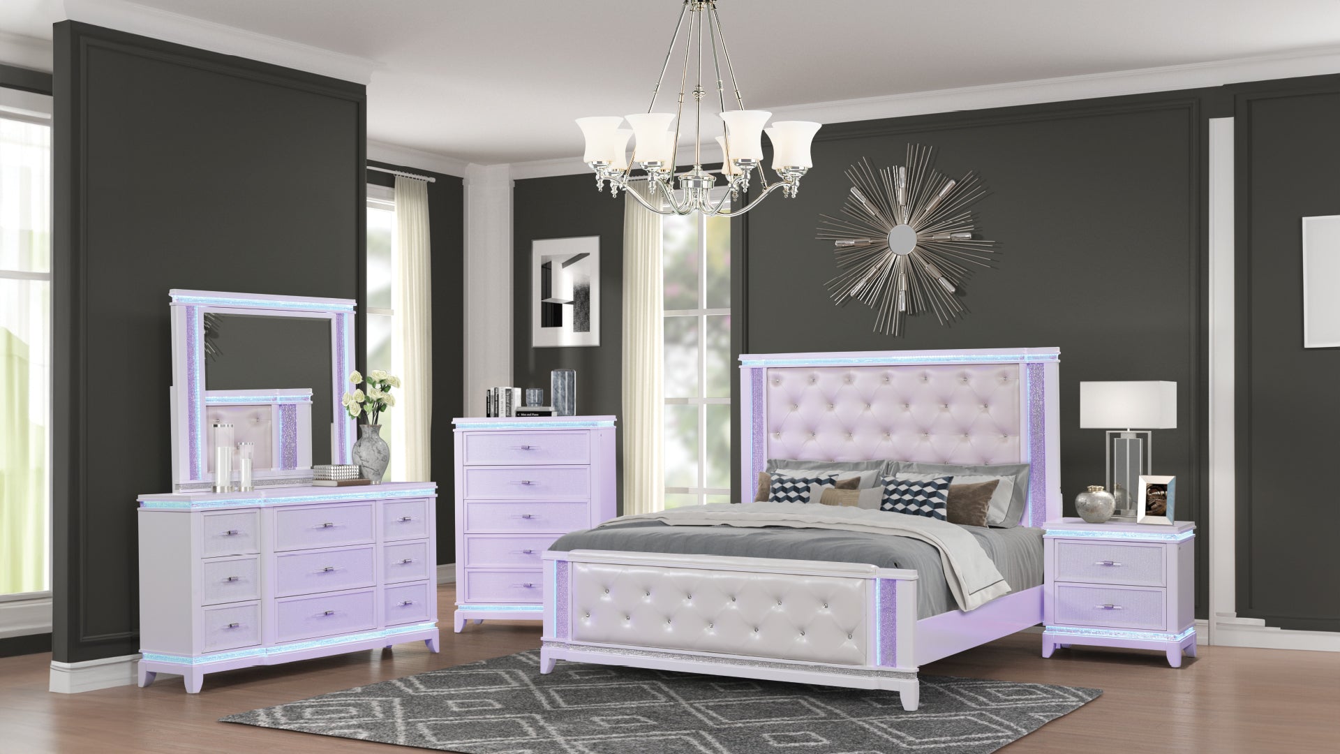 White tufted upholstered bed frame with LED lights and crystal accents