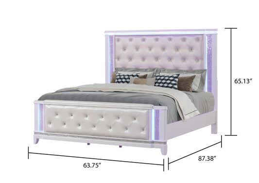 White tufted queen bed with diamondlike accents and LED lights