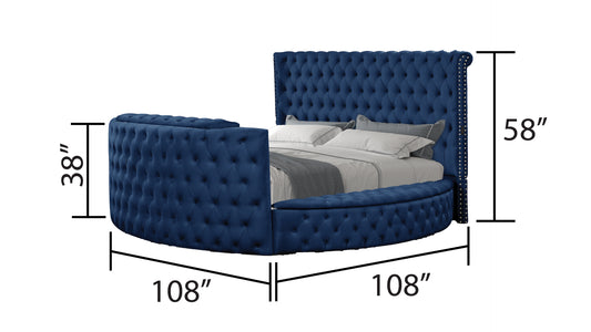Tufted navy blue velvet round bed frame with nailhead trim  W x  D