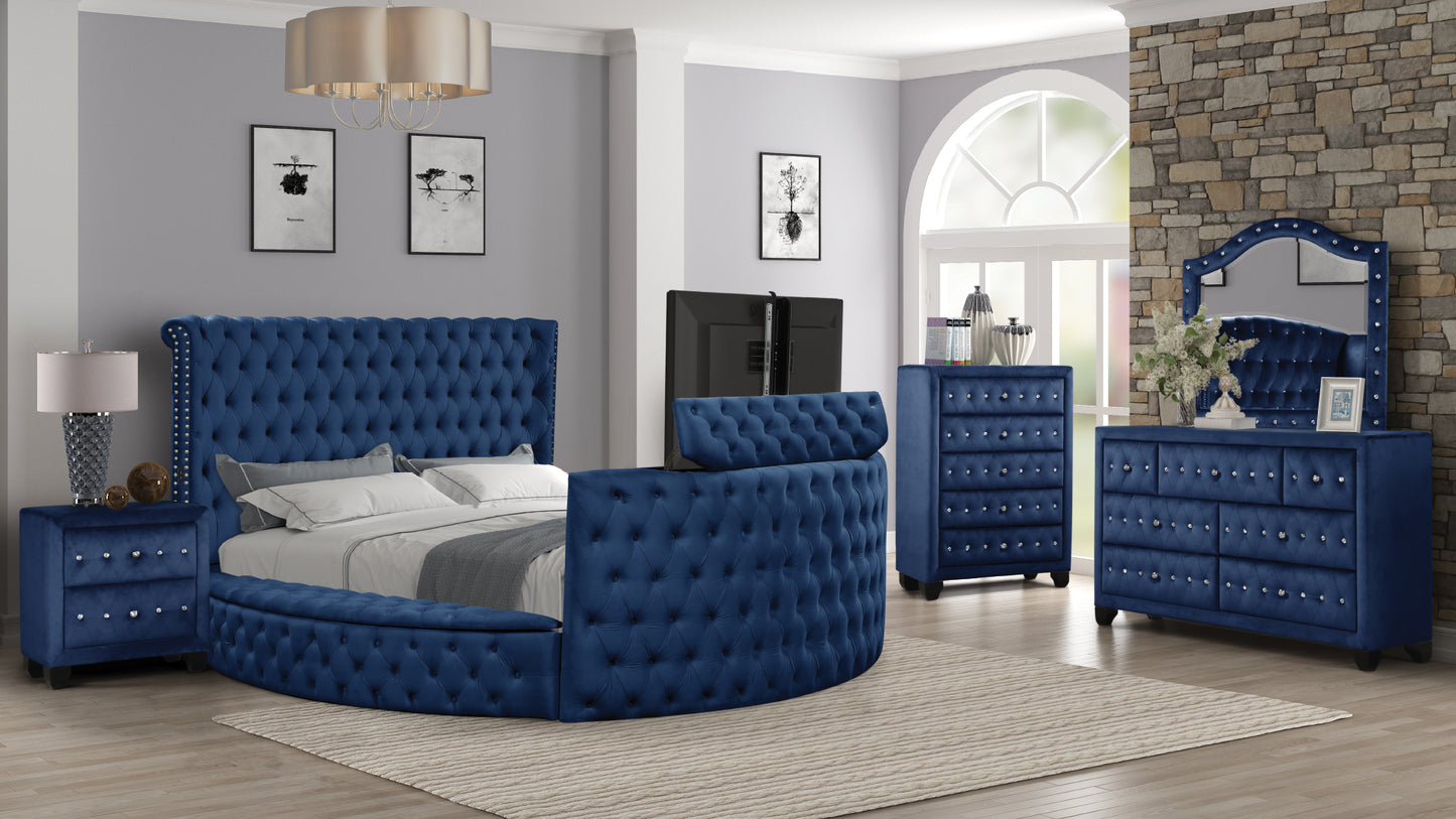 Tufted navy blue velvet king bed with crystal accents and integrated headboard TV stand