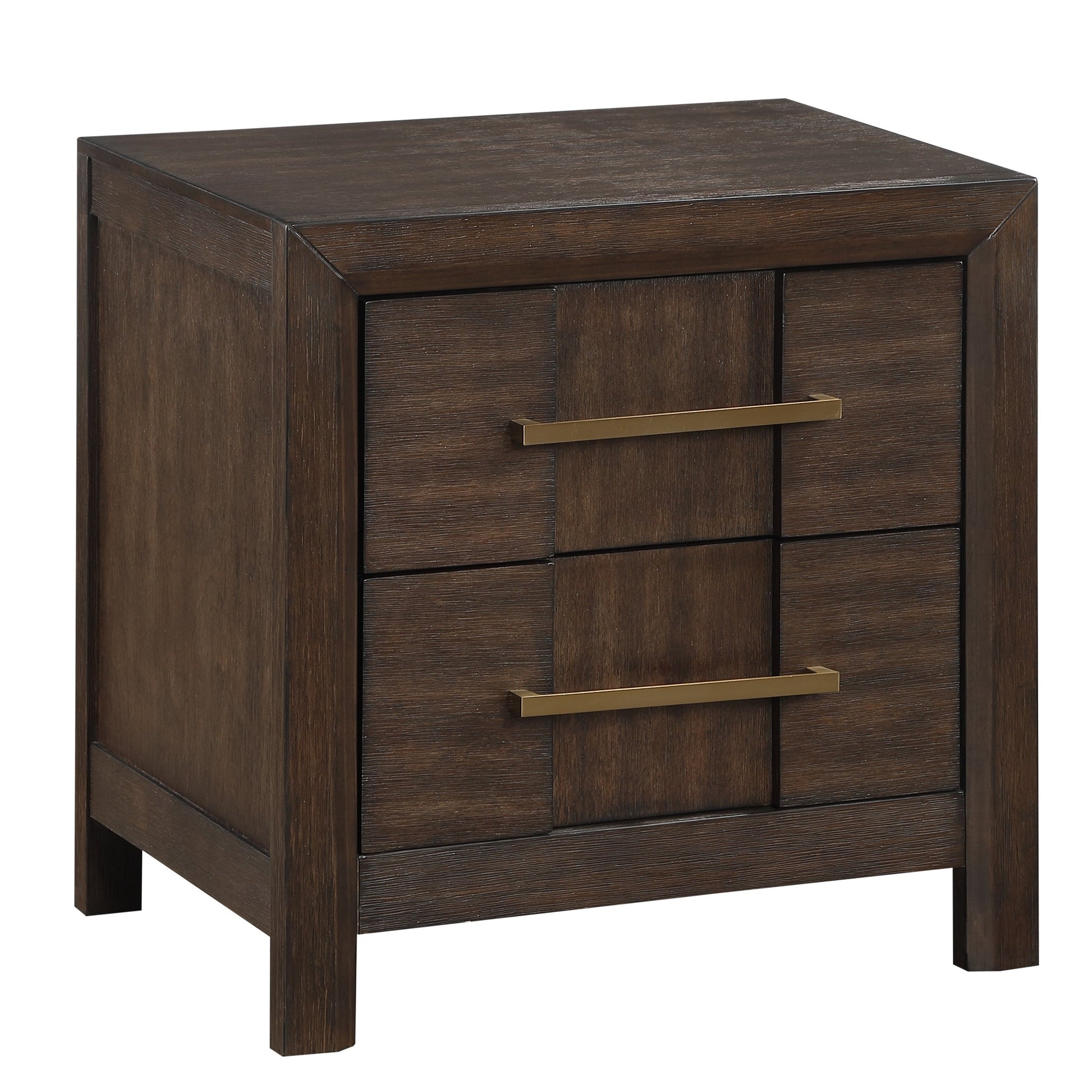 Dark brown wood bedside table with two drawers and brass handles