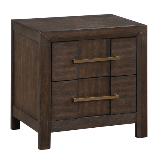 Dark brown wood bedside table with two drawers and brass handles