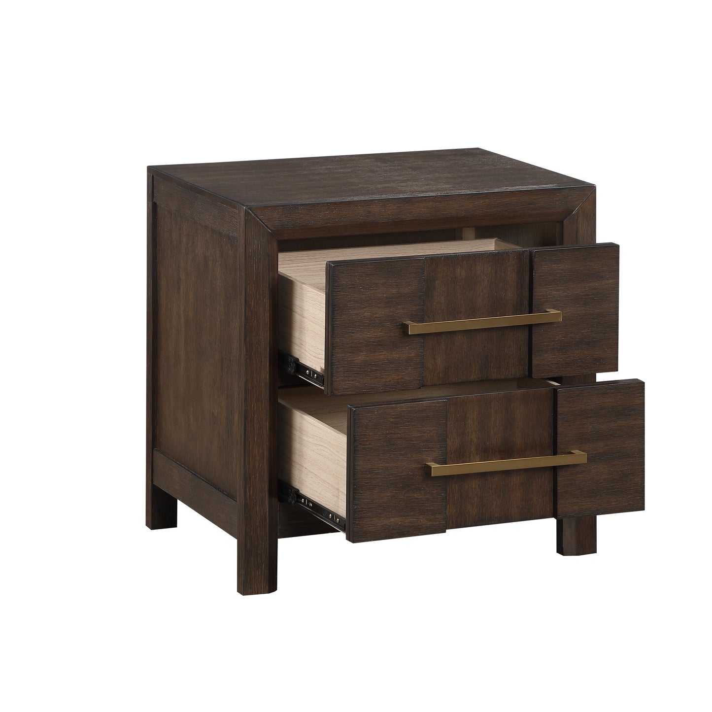 Dark brown wooden nightstand with two open drawers and brass hardware