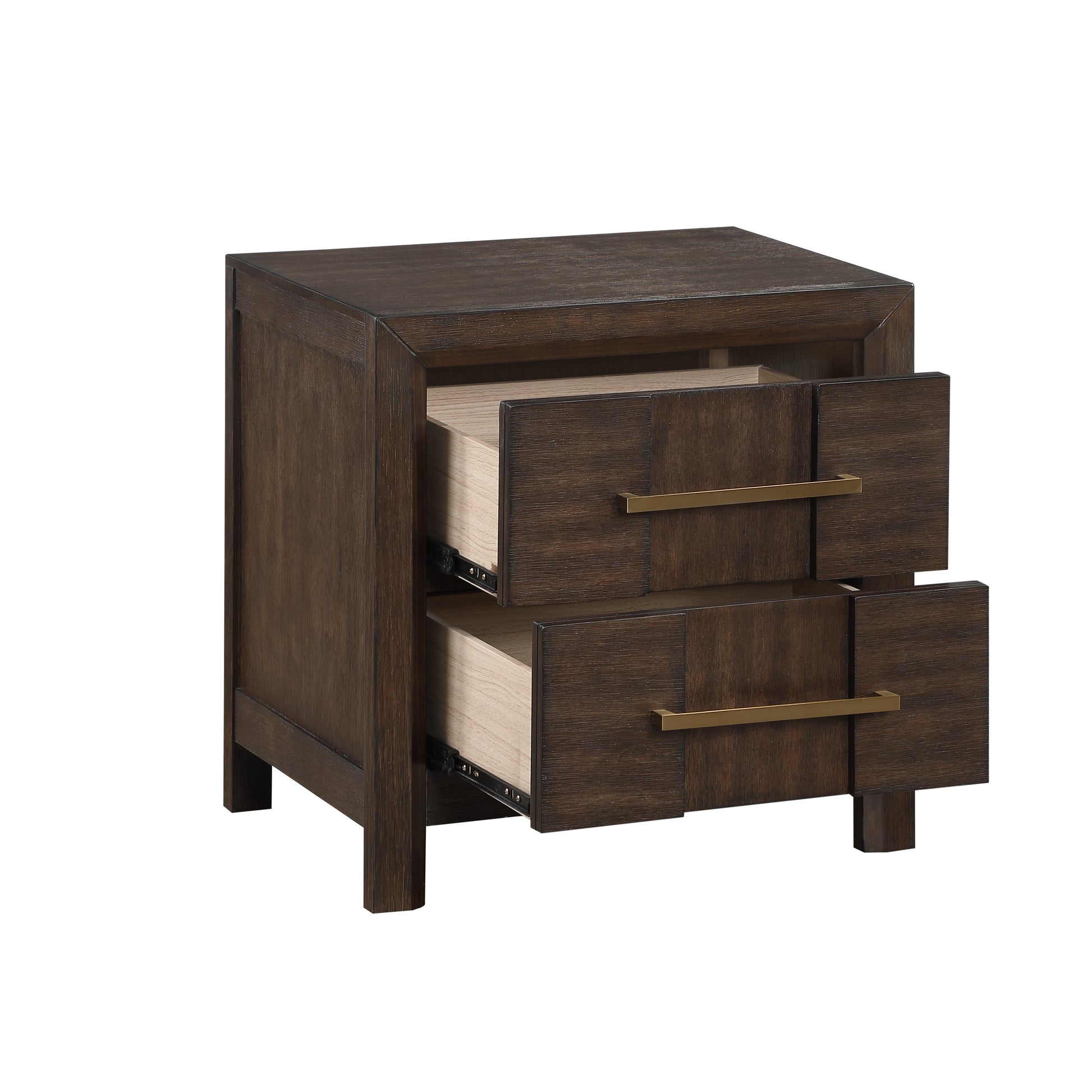 Dark brown wooden nightstand with two open drawers and brass hardware