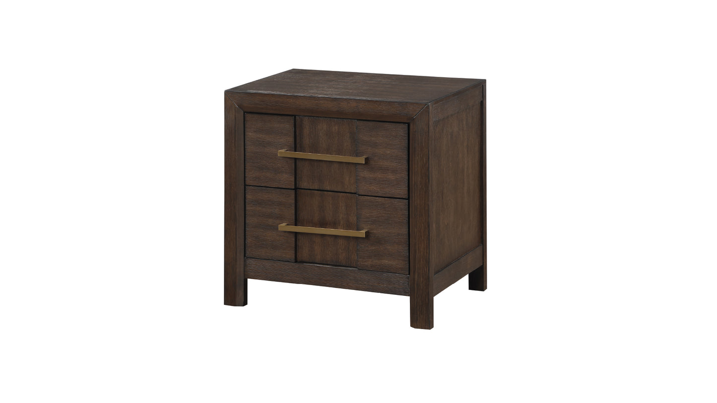 Dark wood twodrawer nightstand with brass bar pulls modern bedside table design