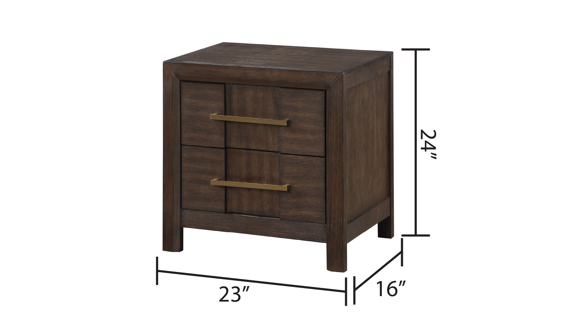 Dark brown wooden nightstand with two drawers and brass hardware W x D x H