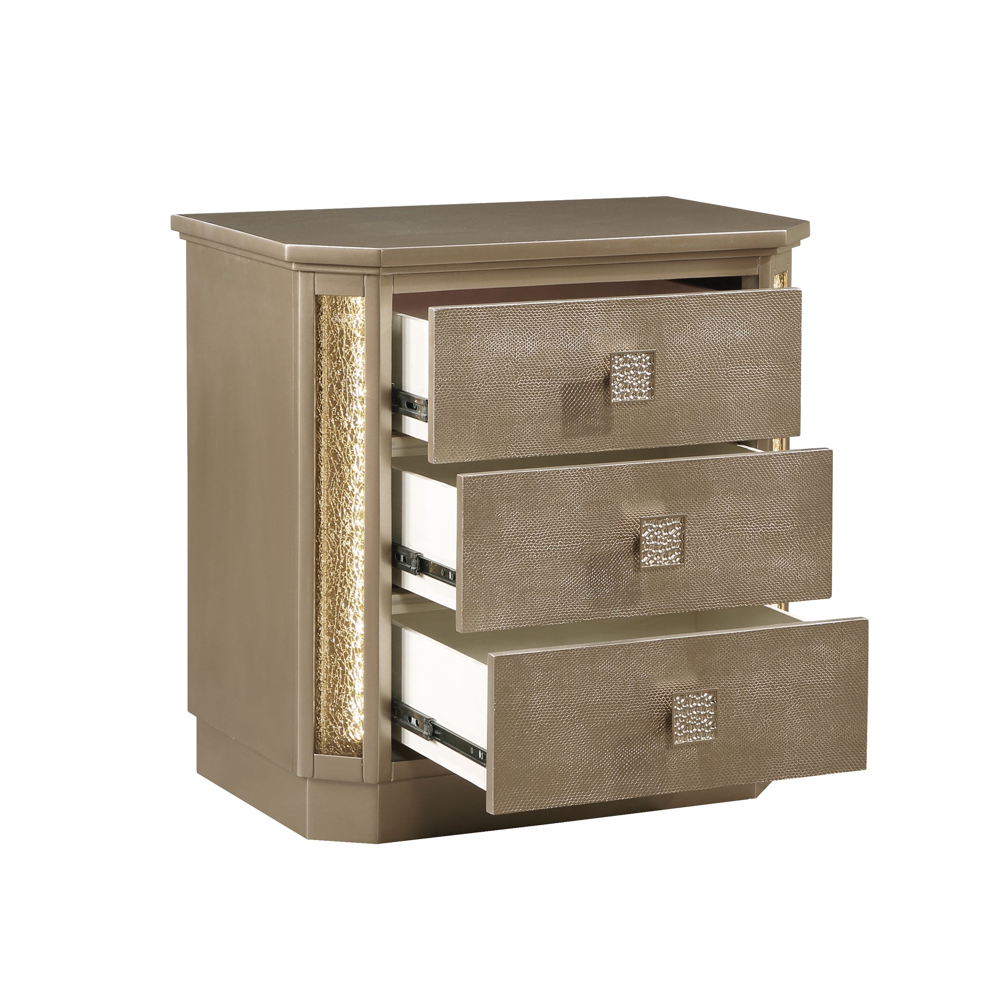 Champagnefinished drawer nightstand with textured fronts and jeweled knobs