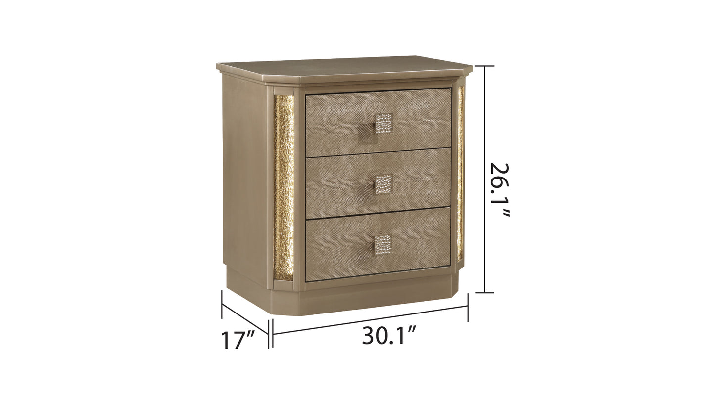 Champagne bedside table with three textured drawers and crystal drawer pulls