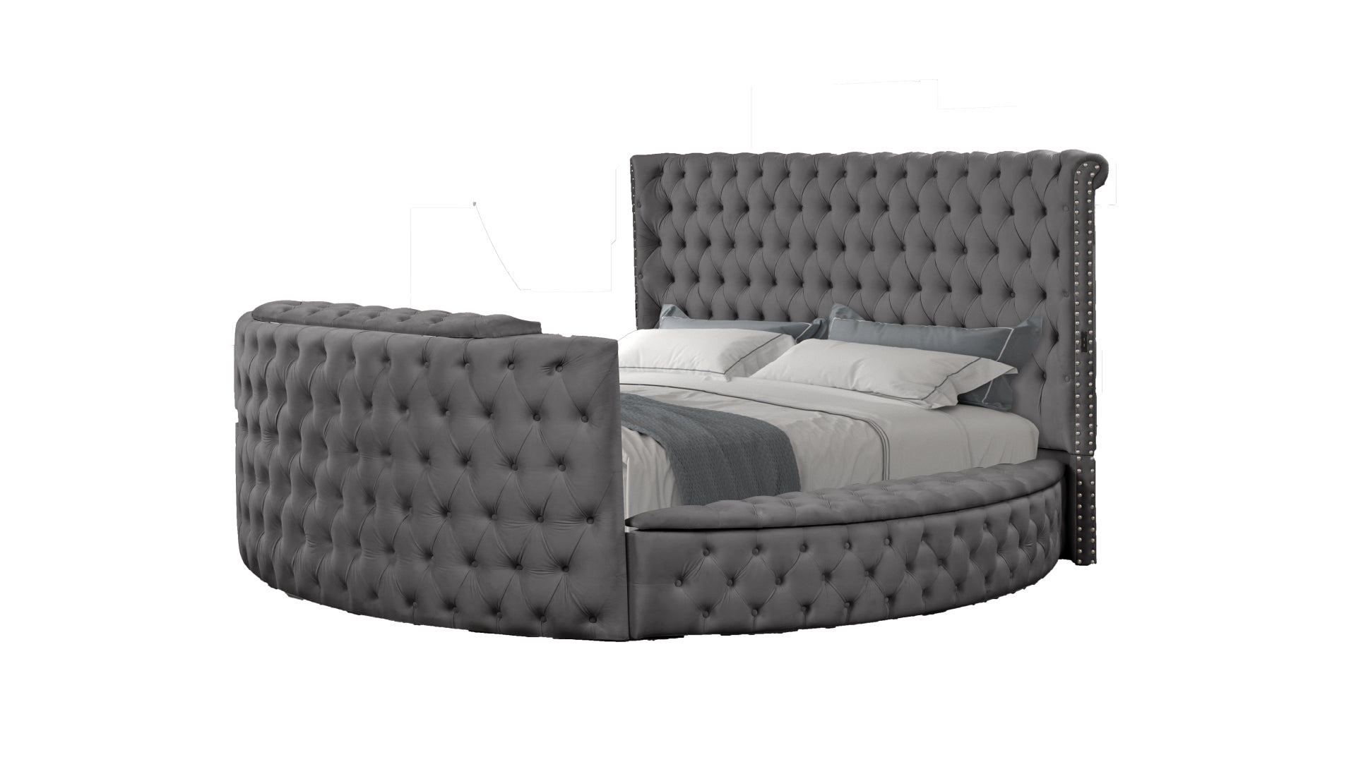 Tufted grey velvet circular bed with nailhead trim and builtin storage ottoman