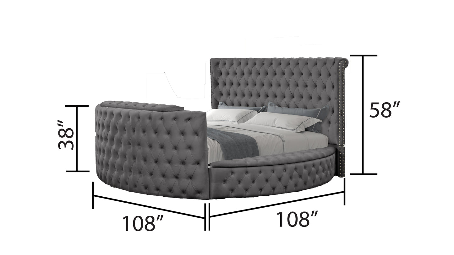 Tufted grey velvet round bed with silver nailhead trim  diameter