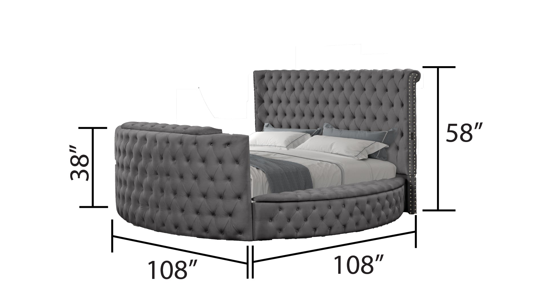 Tufted grey velvet round bed with silver nailhead trim  diameter