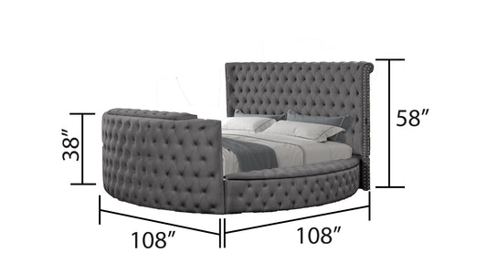 Tufted grey velvet round bed with silver nailhead trim  diameter