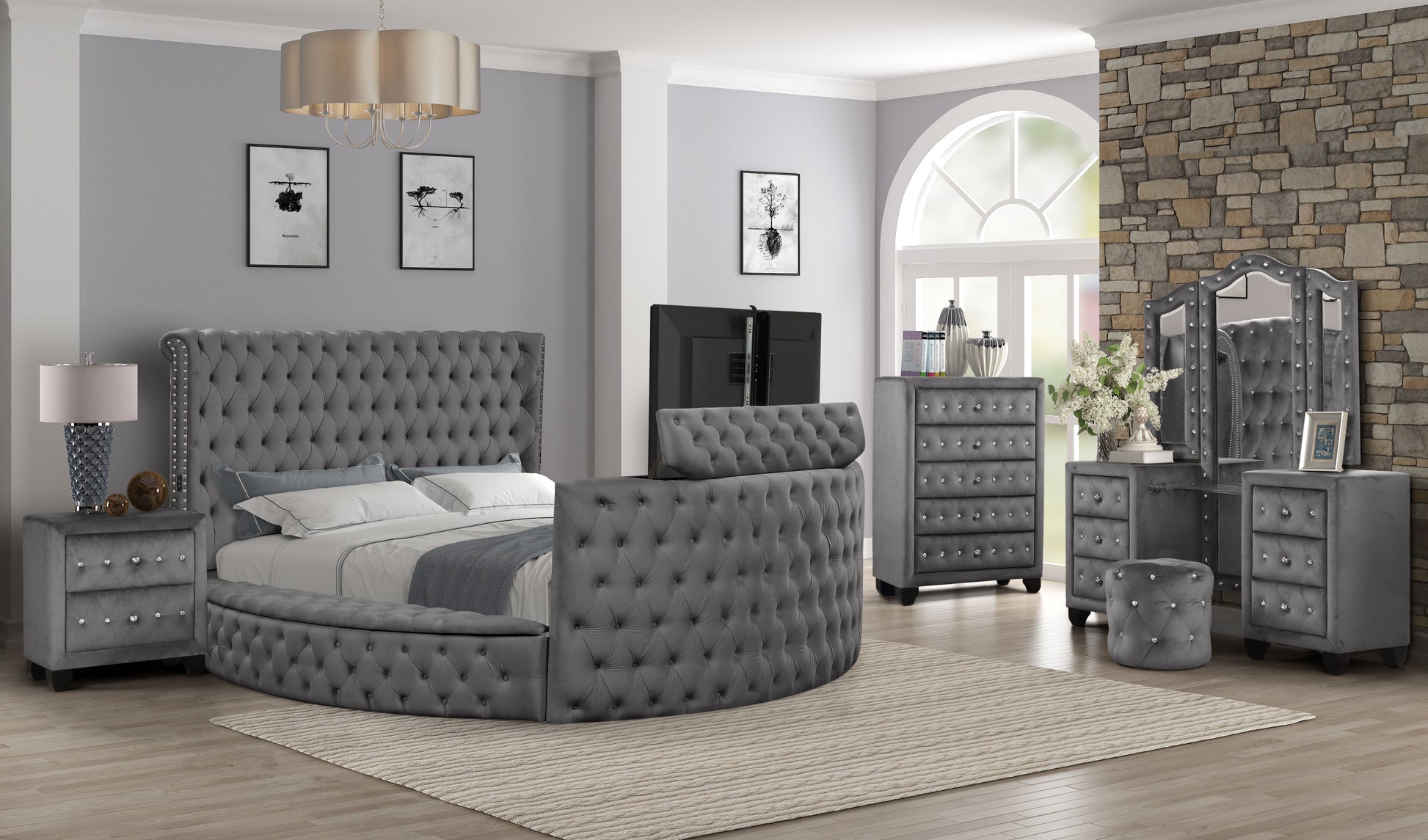 Luxurious grey velvet tufted round bed with diamond accents  nightstands and storage bench