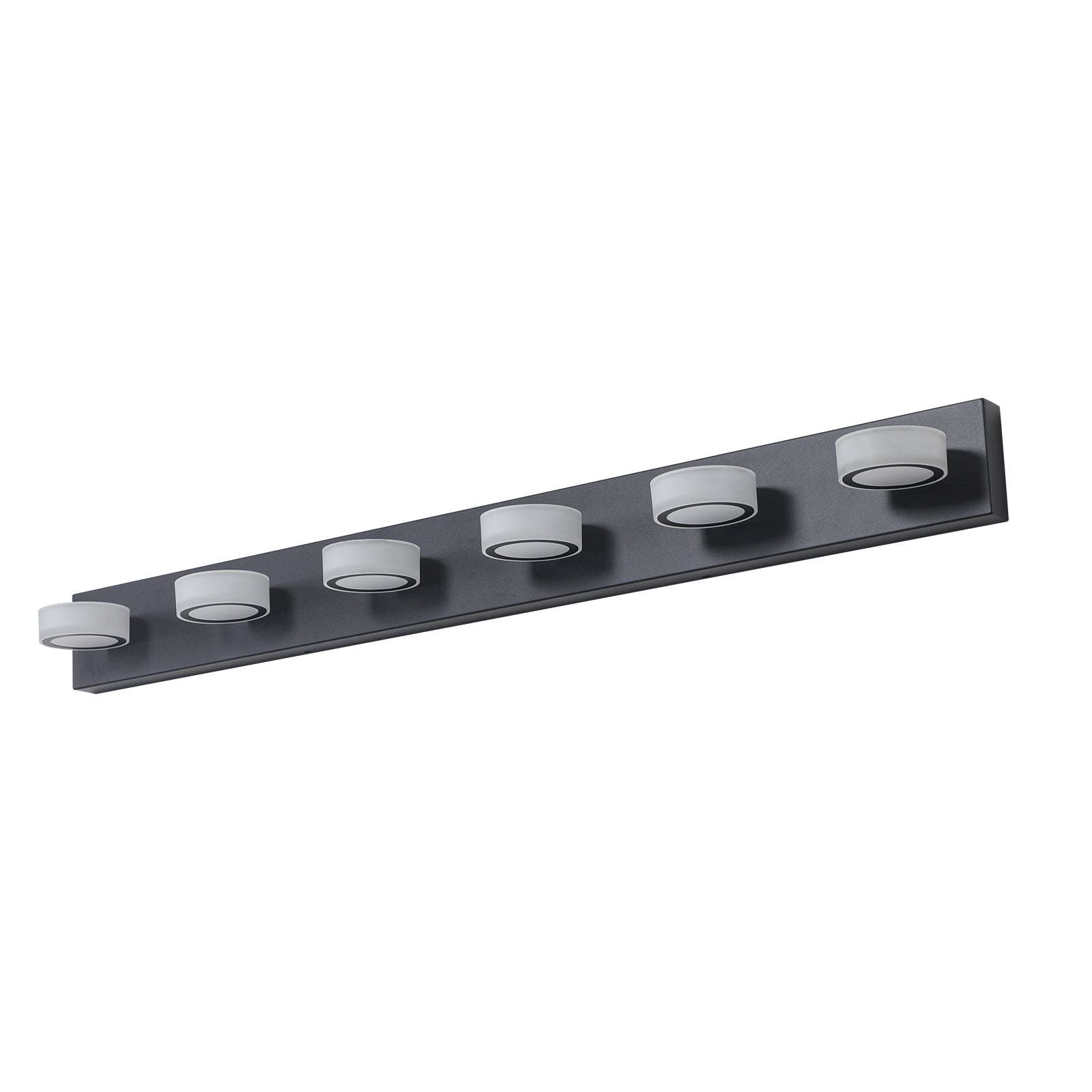 Sleek charcoal gray vanity light bar with six frosted cylindrical glass shades