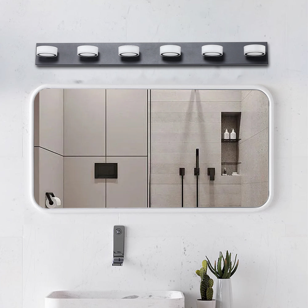 Modern fivelight vanity bar fixture with cylindrical white diffusers and black base for bathrooms