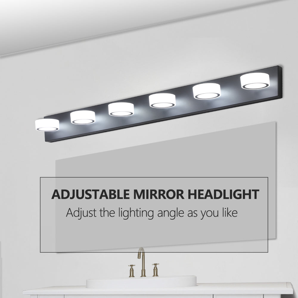 Modern black vanity light bar with six adjustable white LED cylinder heads above a bathroom sink