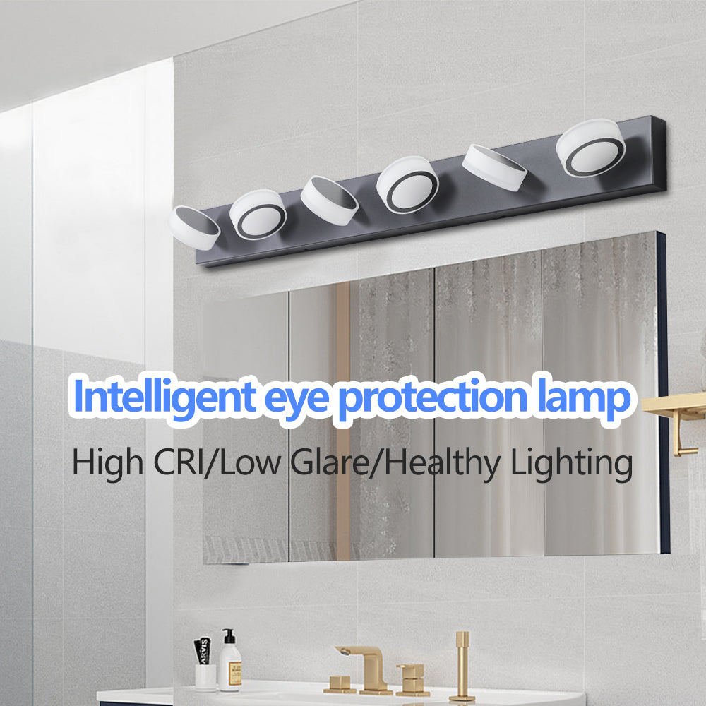 Modern linear vanity light bar with five adjustable white LED heads for bathrooms