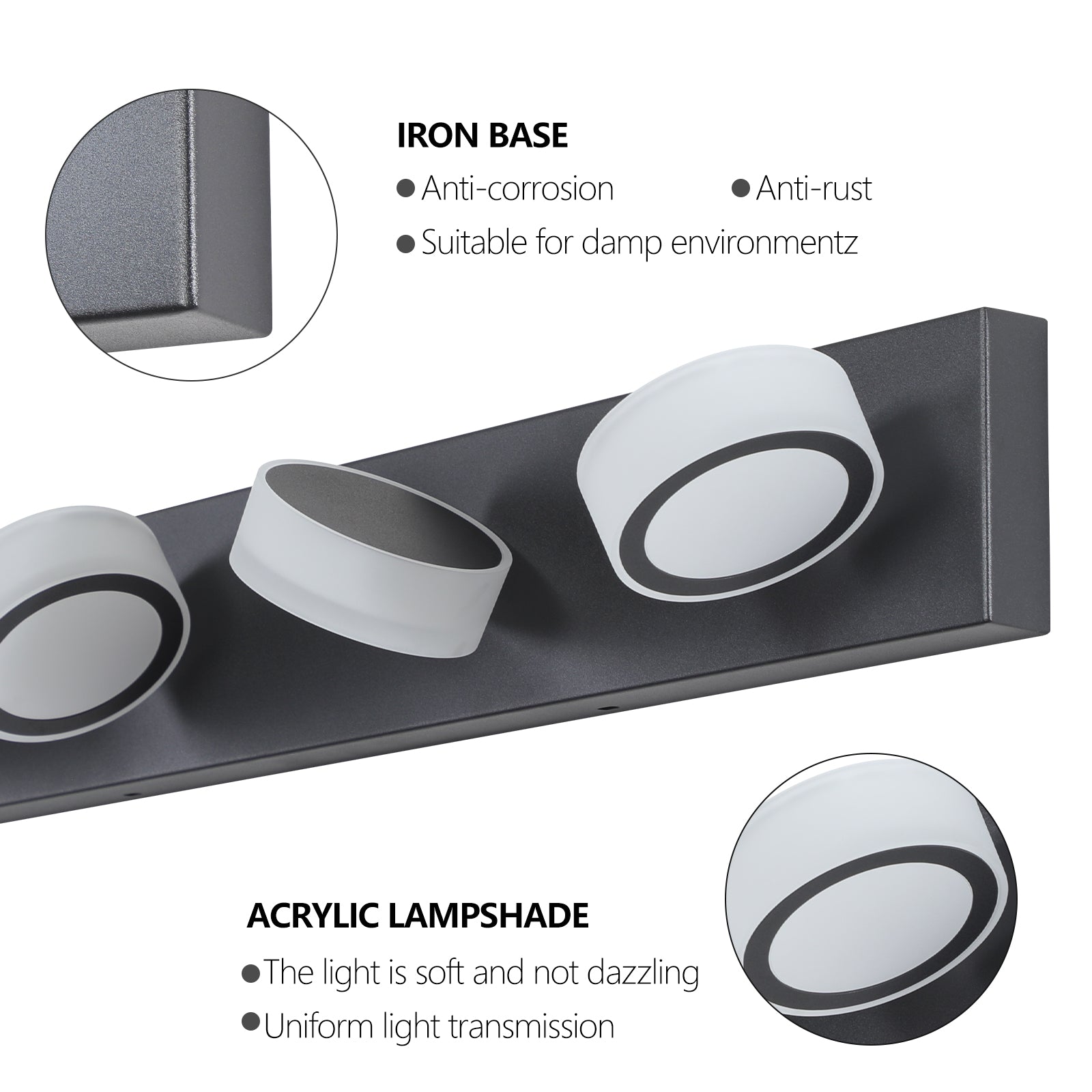 Three black adjustable spotlights with frosted acrylic shades and iron base