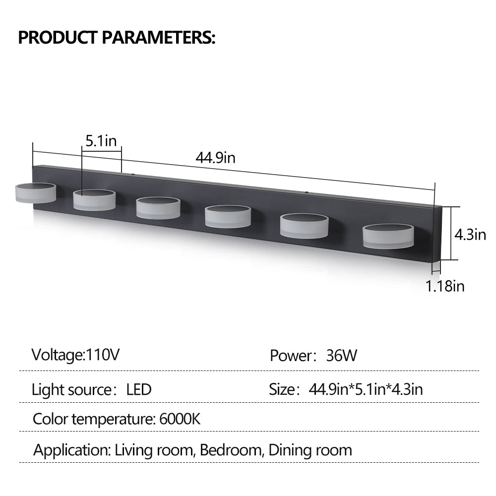 Modern black LED vanity light bar with  frosted glass shades and chrome accents