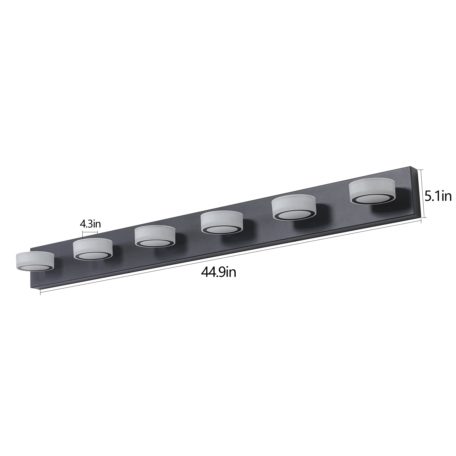 Modern black vanity light fixture with six frosted glass cylinder shades in wide