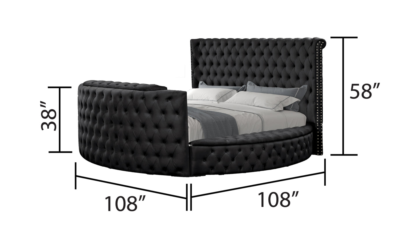 Luxurious black velvet tufted round bed with chrome nailhead trim  W x  D x  H