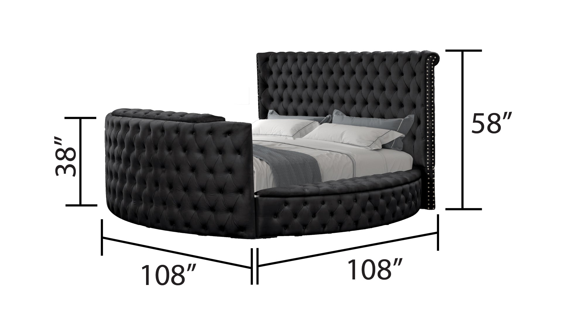 Luxurious black velvet tufted round bed with chrome nailhead trim  W x  D x  H