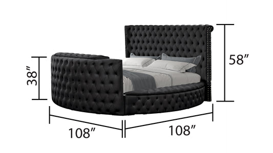 Luxurious black velvet tufted round bed with chrome nailhead trim  W x  D x  H