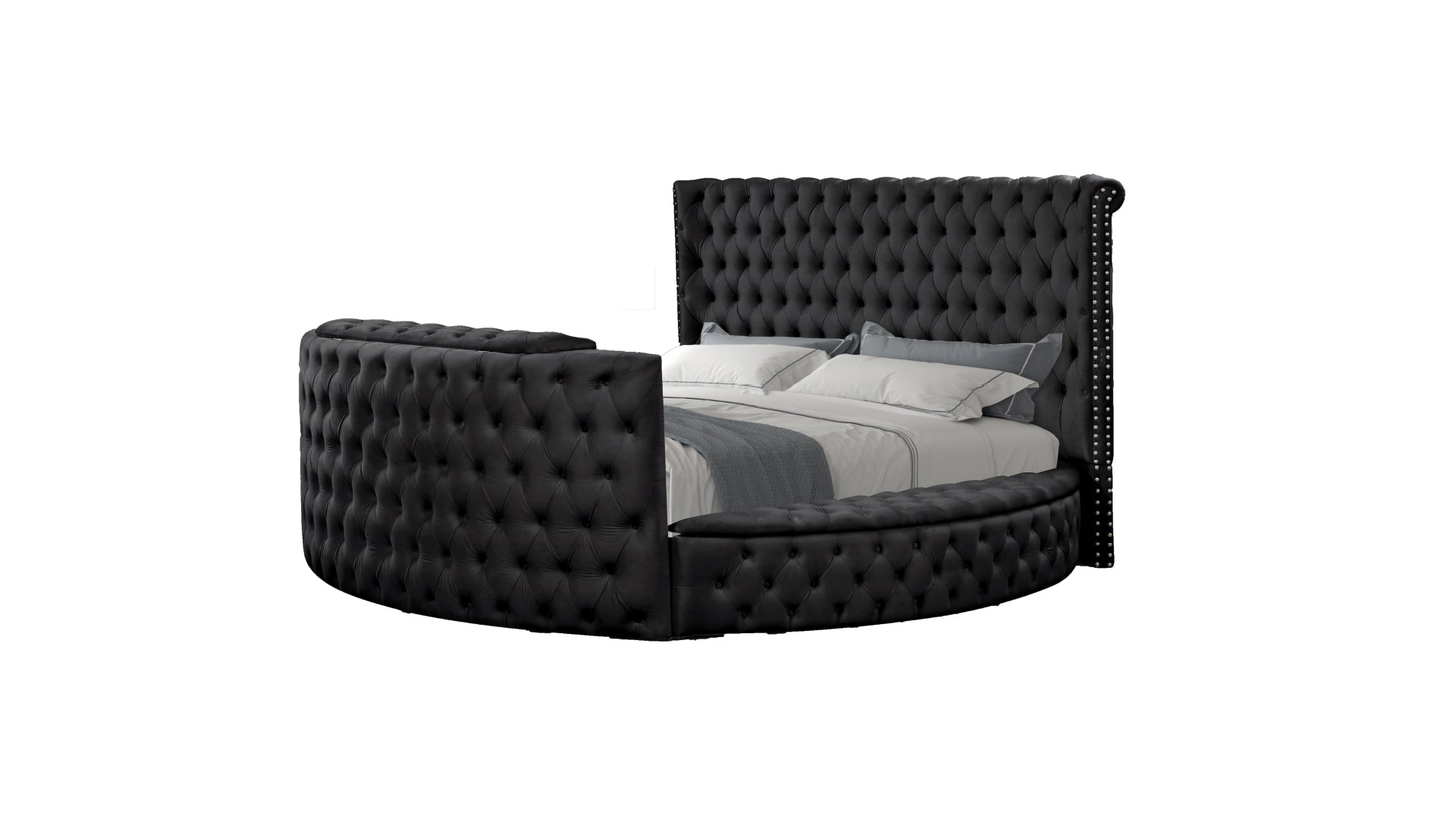 Black tufted velvet round bed with a tall nailheadtrimmed headboard and curved base