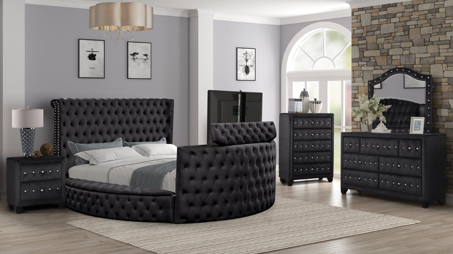 Luxurious black velvet tufted round bed frame with crystal accents for a glamorous bedroom