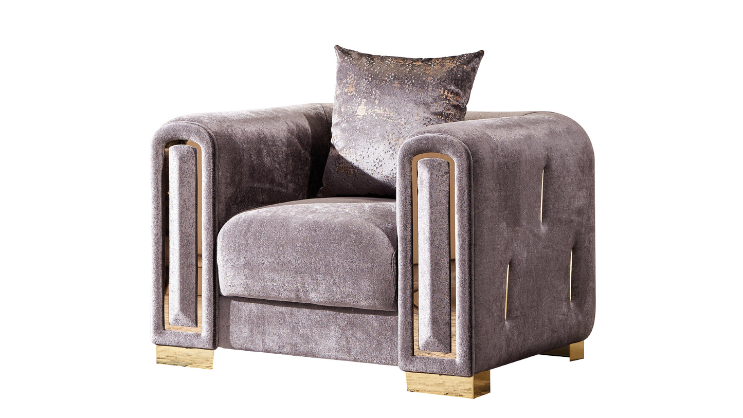 Luxurious gray velvet accent chair with gold trim and tufted details for modern living rooms