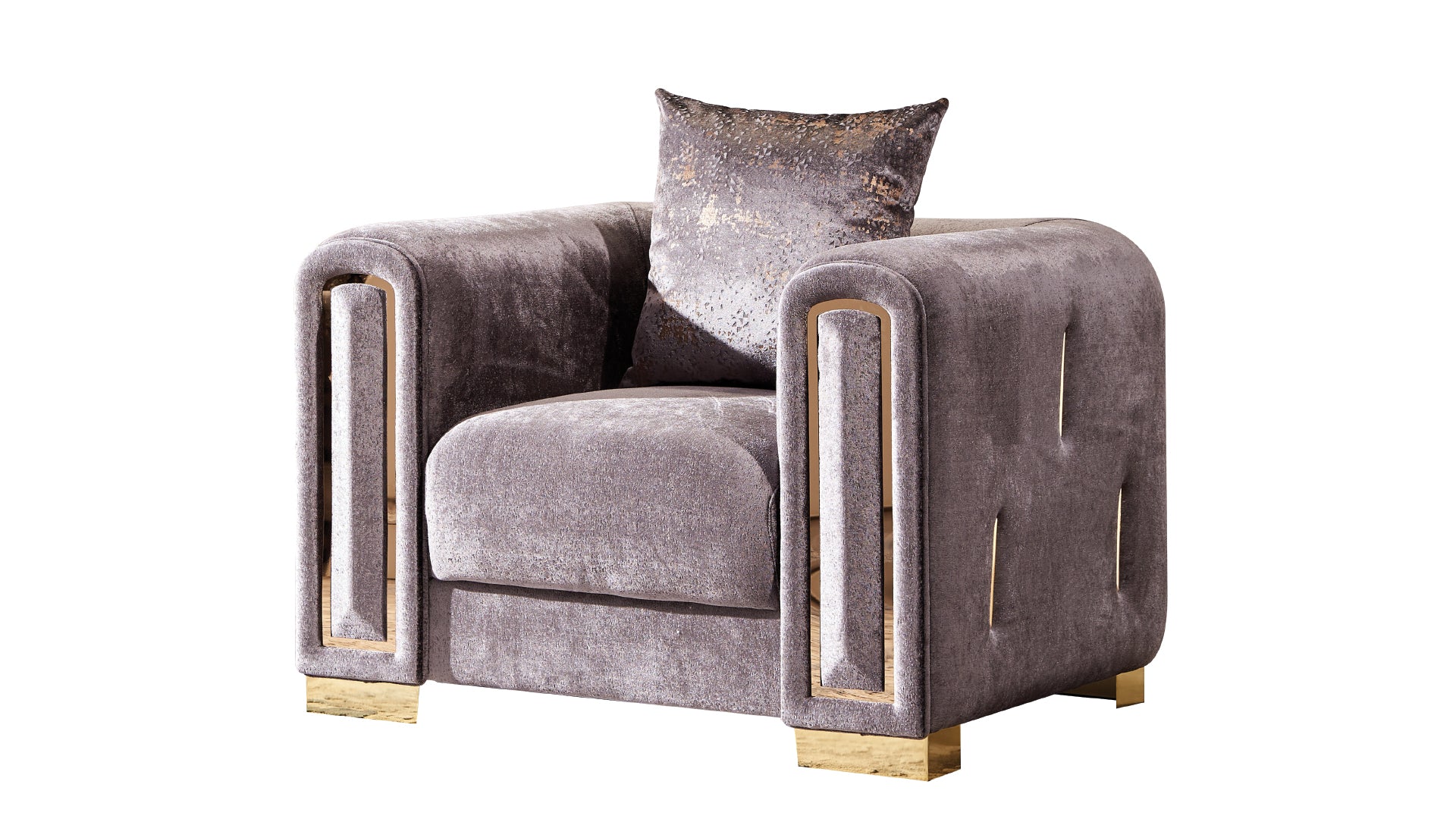 Luxurious gray velvet accent chair with gold trim and tufted details for modern living rooms
