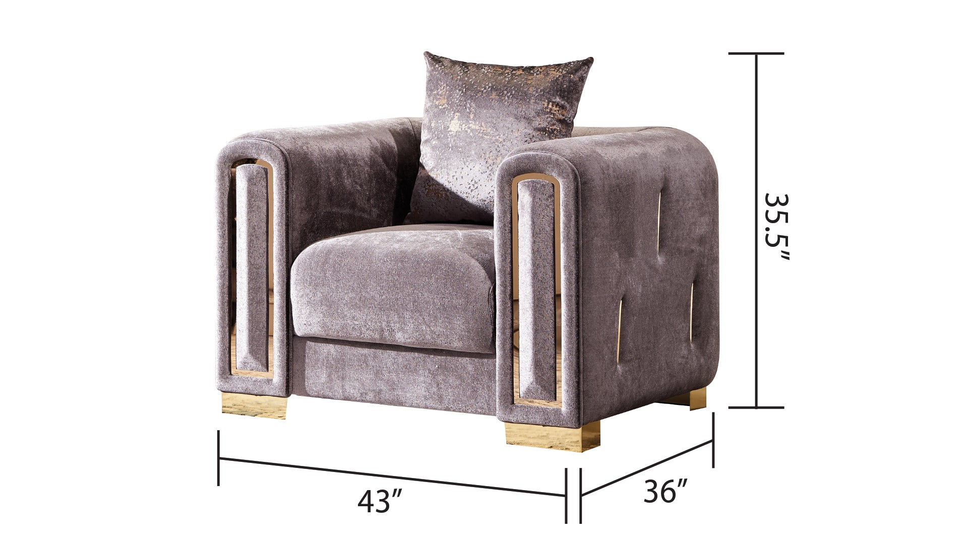 Plush velvet armchair in dusty rose with gold metallic accents and tufted detailing