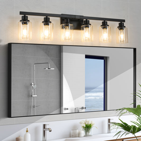 Modern black light vanity light with clear glass shades perfect for bathrooms