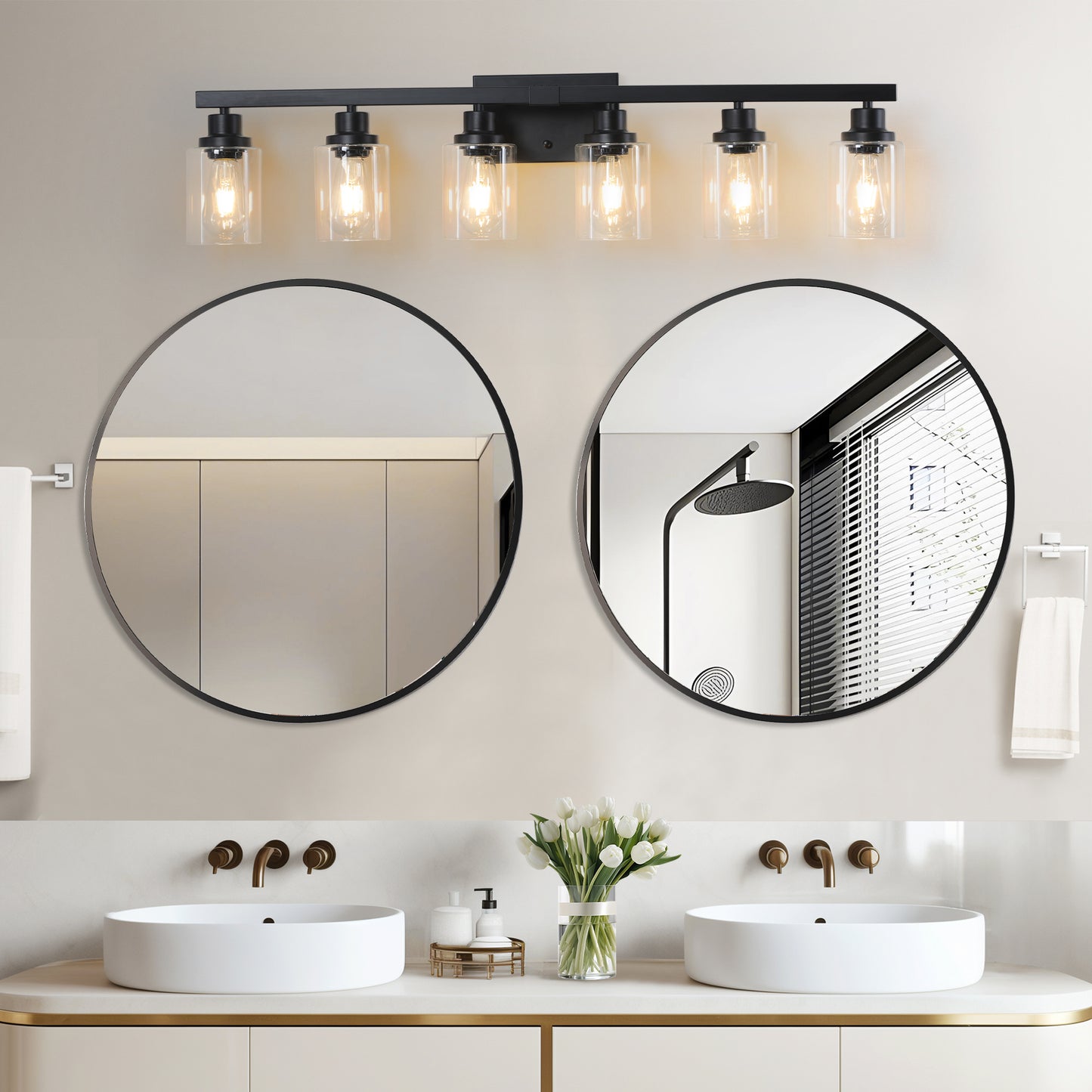Black fivelight vanity light with clear glass shades ideal for bathroom illumination