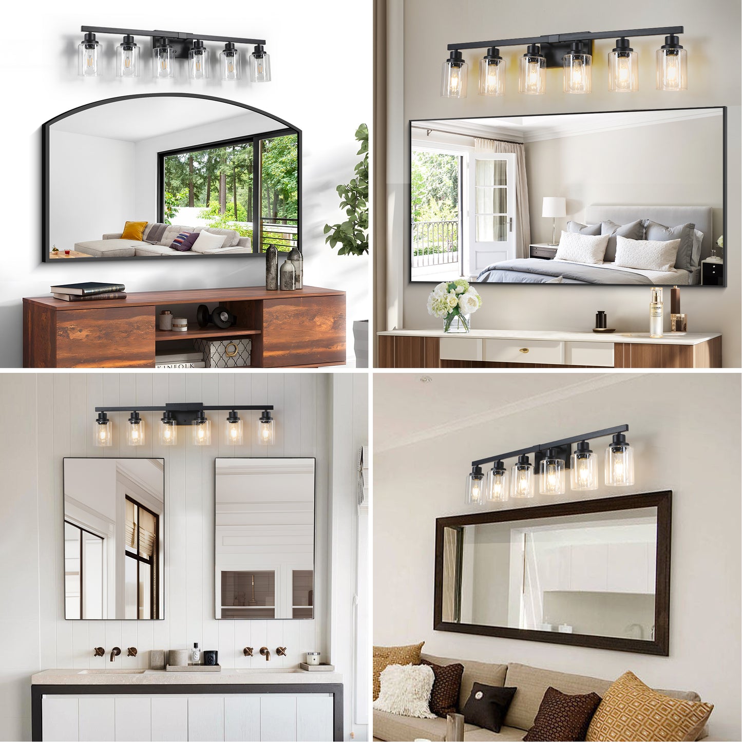 Black fivelight vanity light fixture with clear glass shades mounted above a large arched mirror