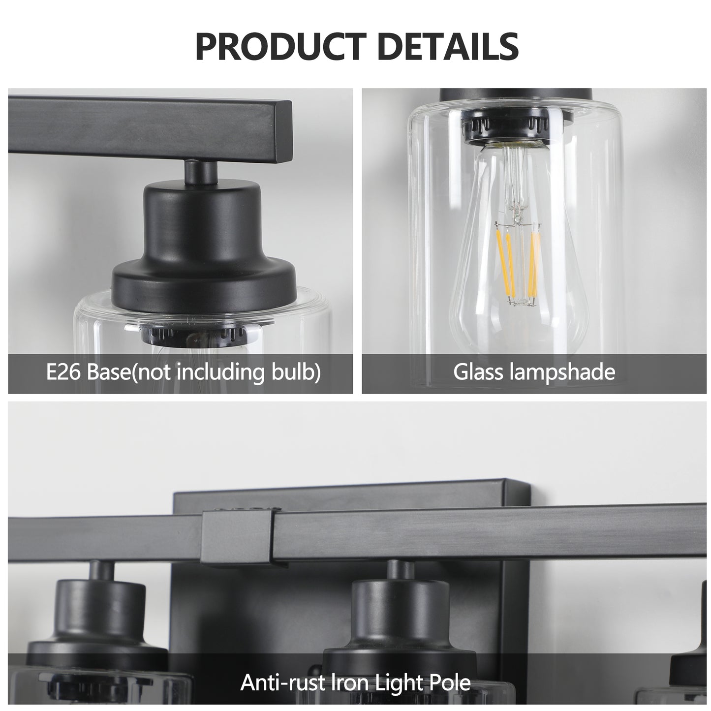 Closeup of black metal E light base for vanity fixtures