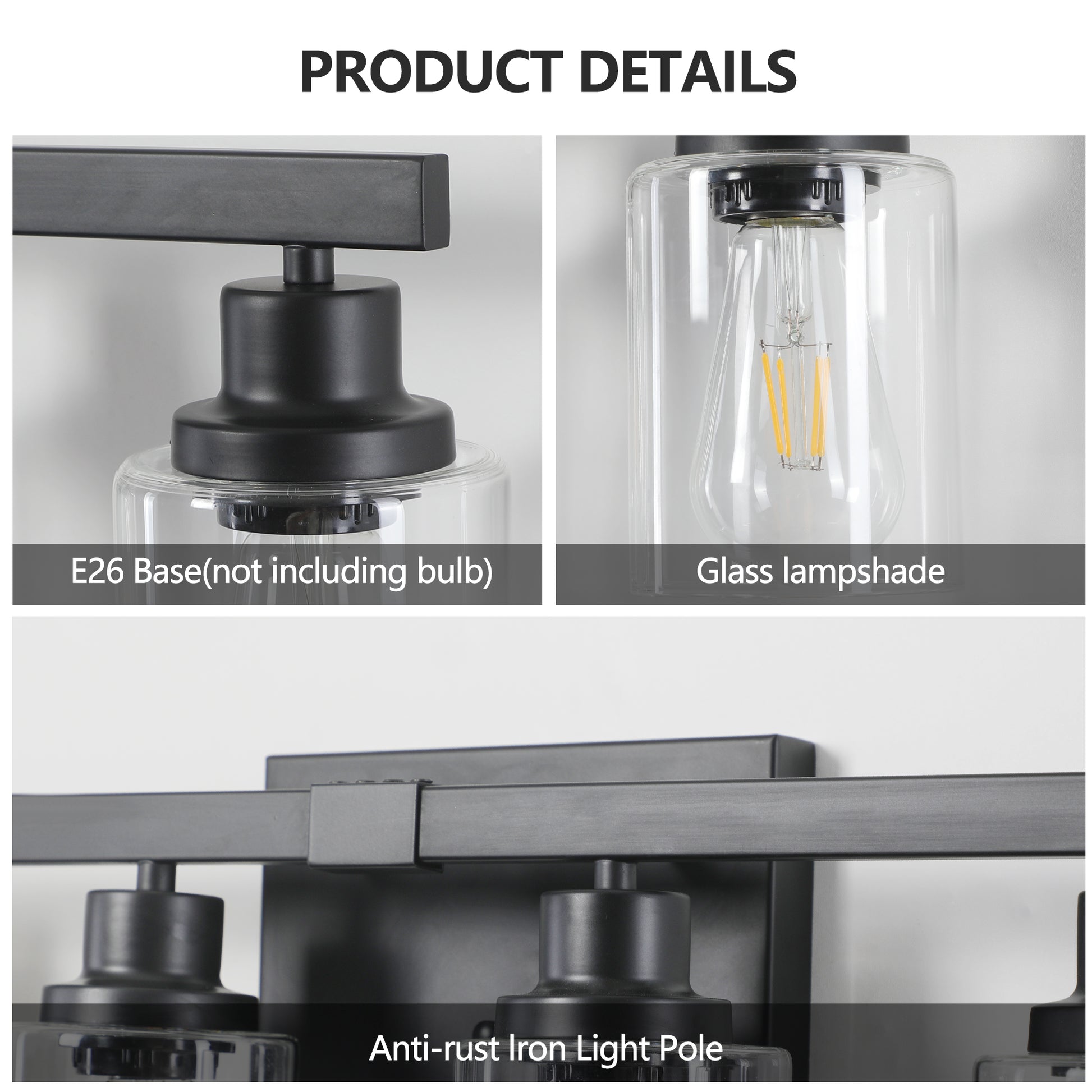 Closeup of black metal E light base for vanity fixtures