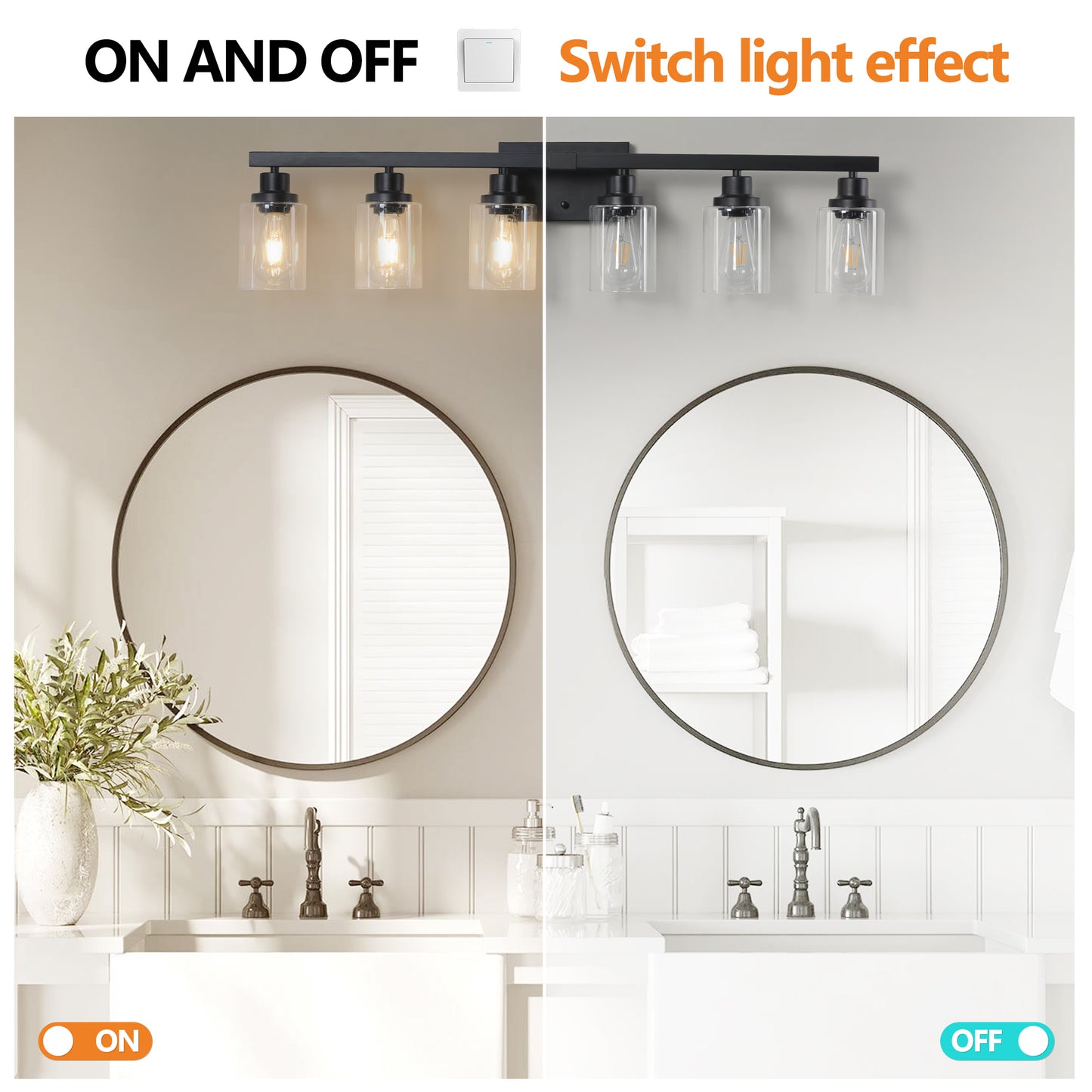 Black fourlight vanity light fixture with clear glass shades and Edison bulbs casting warm light