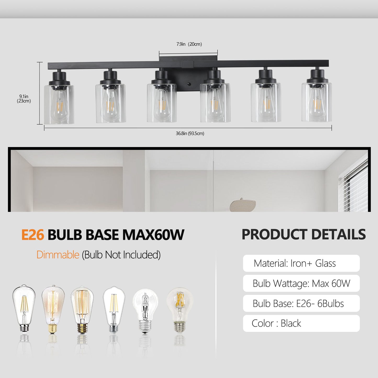 Black fivelight vanity light with clear glass shades and Edisonstyle bulbs