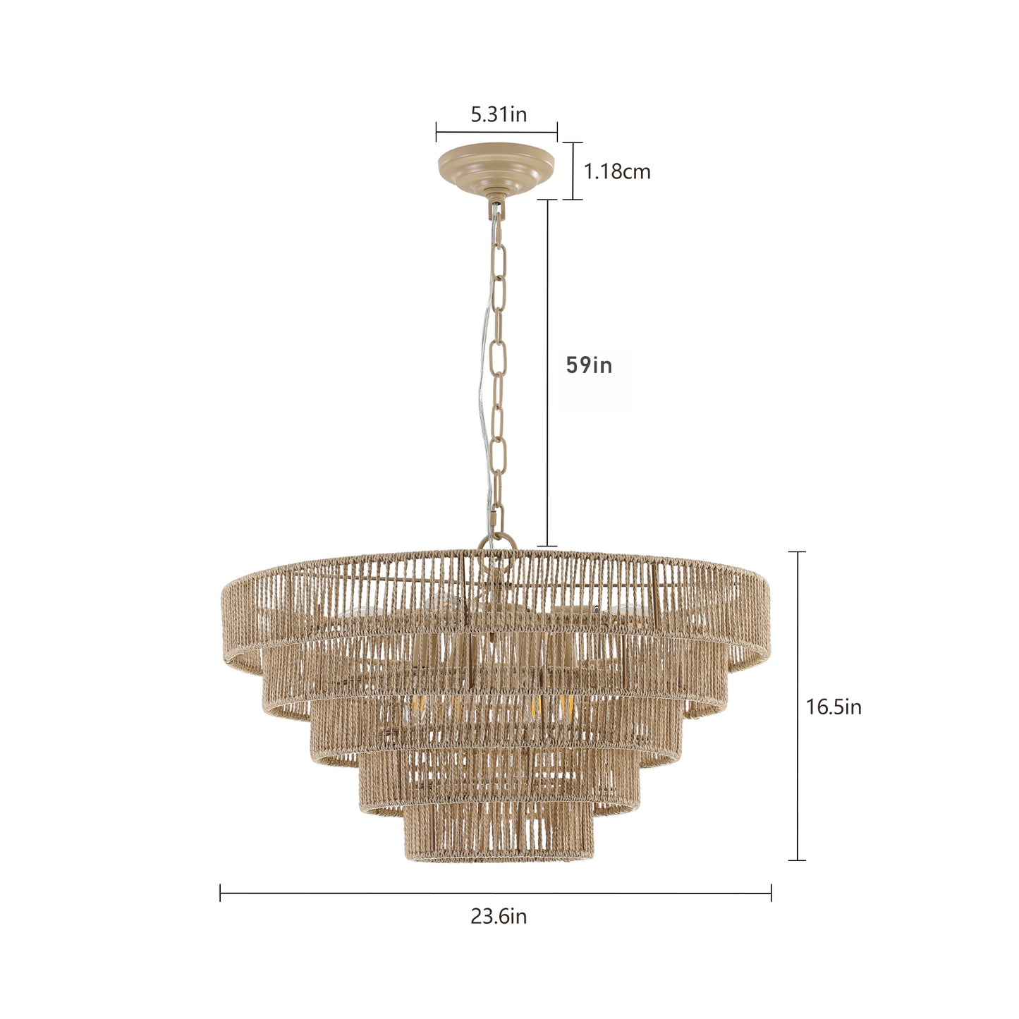 Tiered rope chandelier with neutral beige tones and brushed gold accents in wide