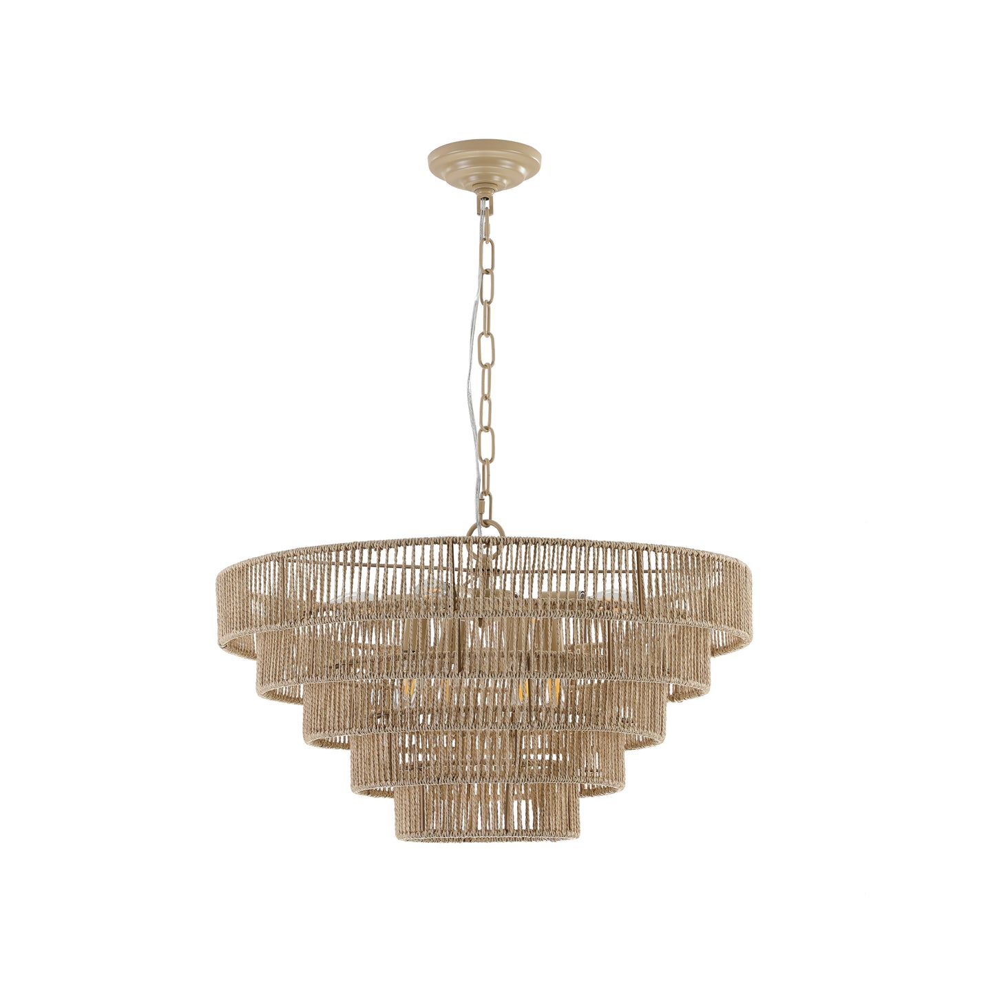 Tiered natural jute chandelier with a warm bohemian style perfect for dining rooms