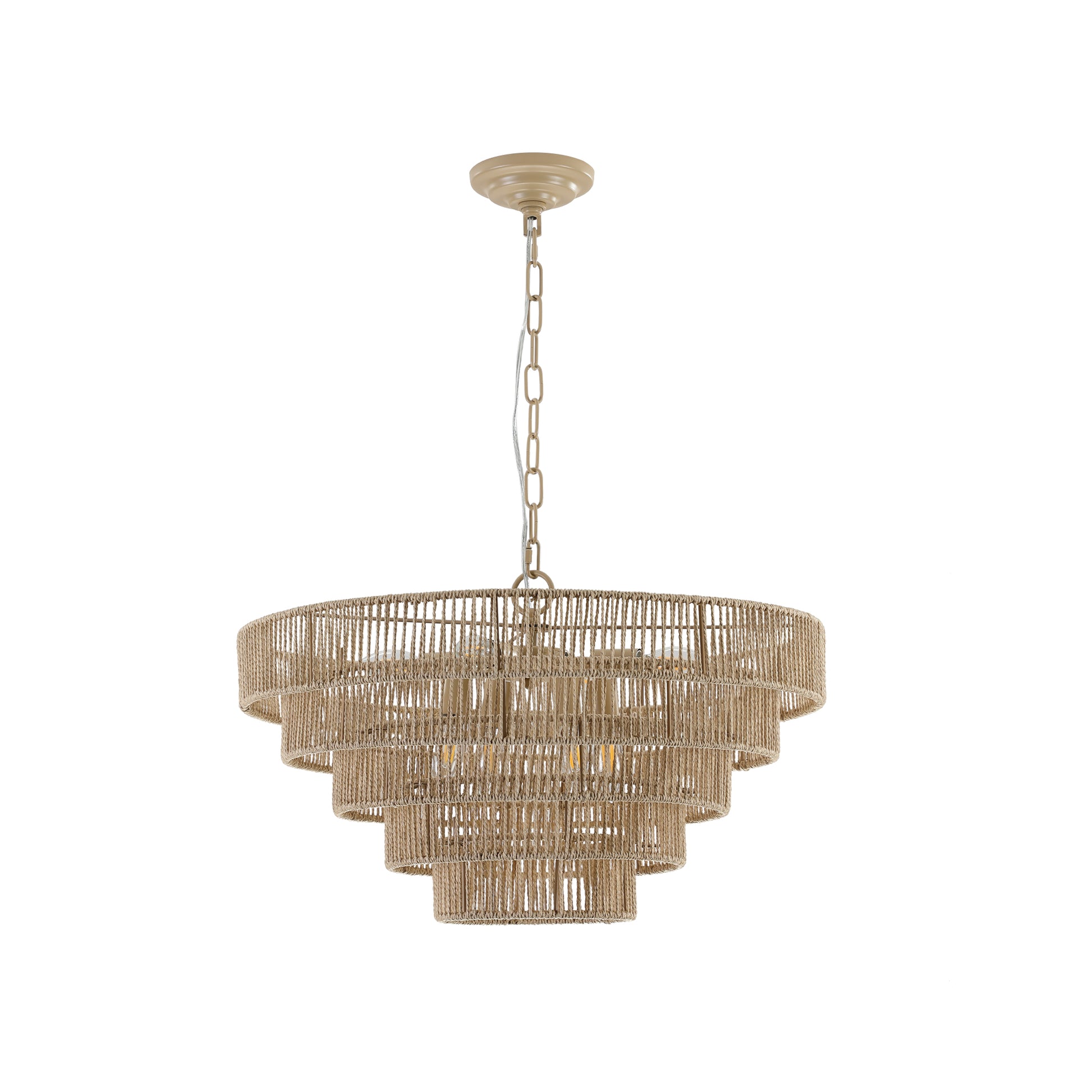 Tiered natural jute chandelier with a warm bohemian style perfect for dining rooms