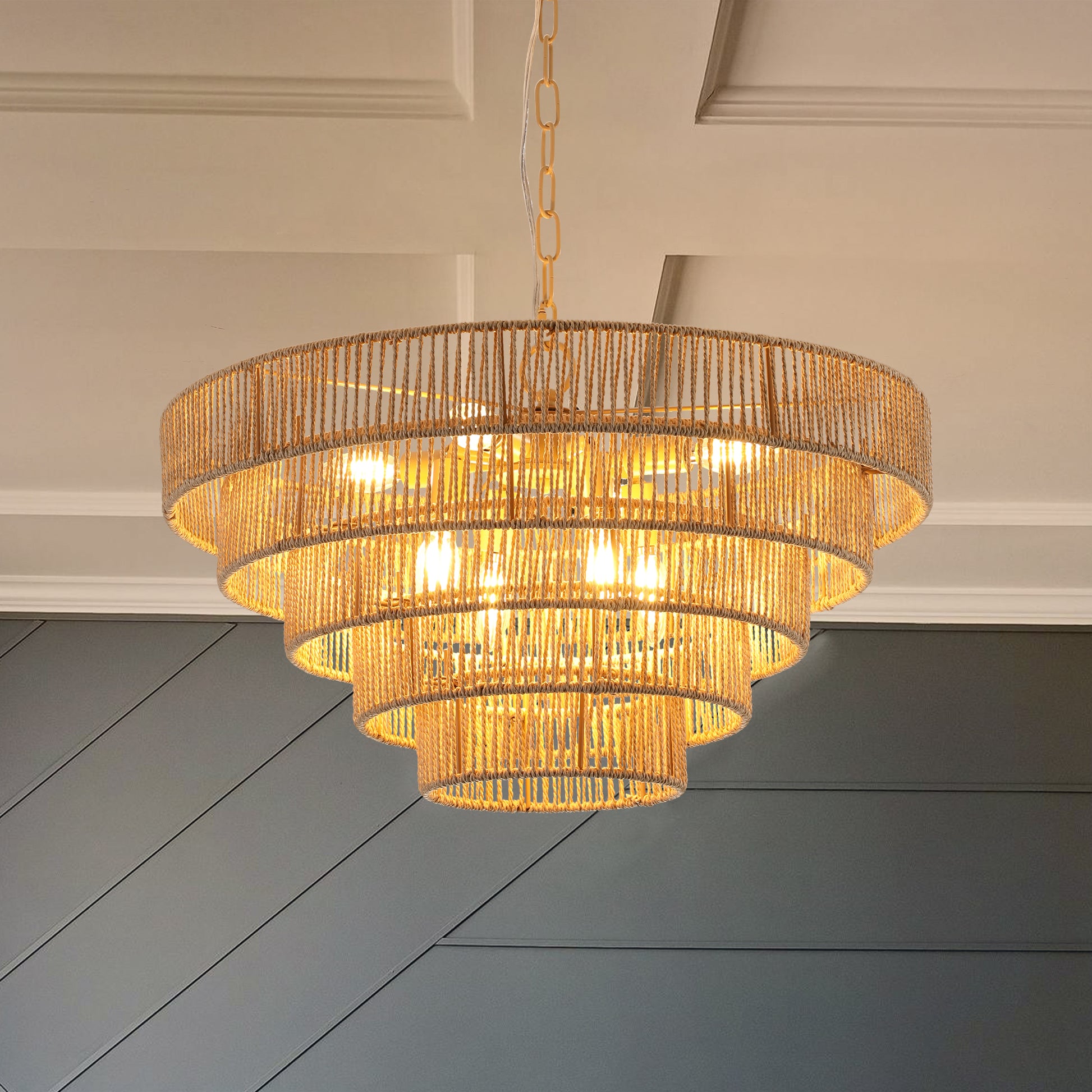 Tiered rope chandelier with warm Edison bulbs natural fiber design
