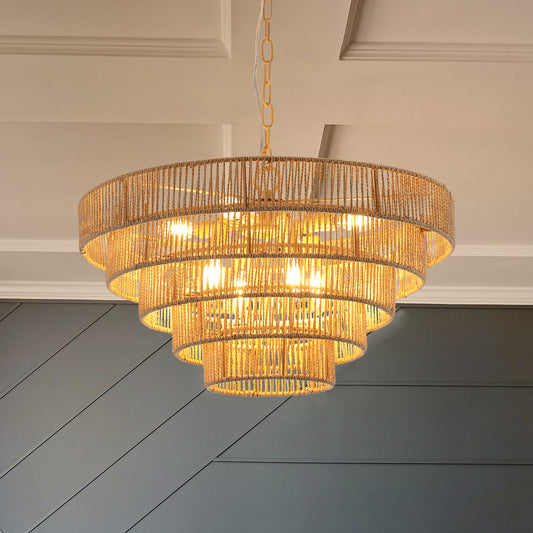 Tiered rope chandelier with warm Edison bulbs natural fiber design
