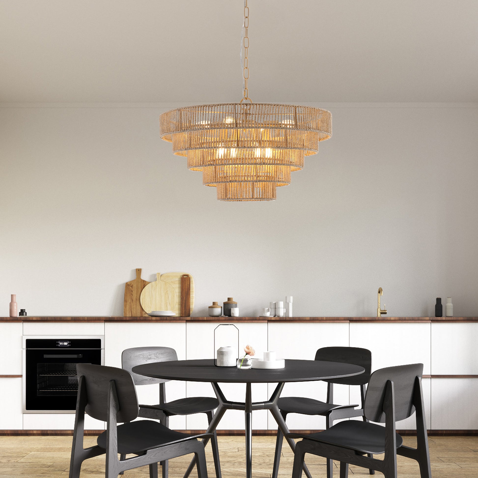 Tiered rattan chandelier with warm LED bulbs perfect for dining room ambiance