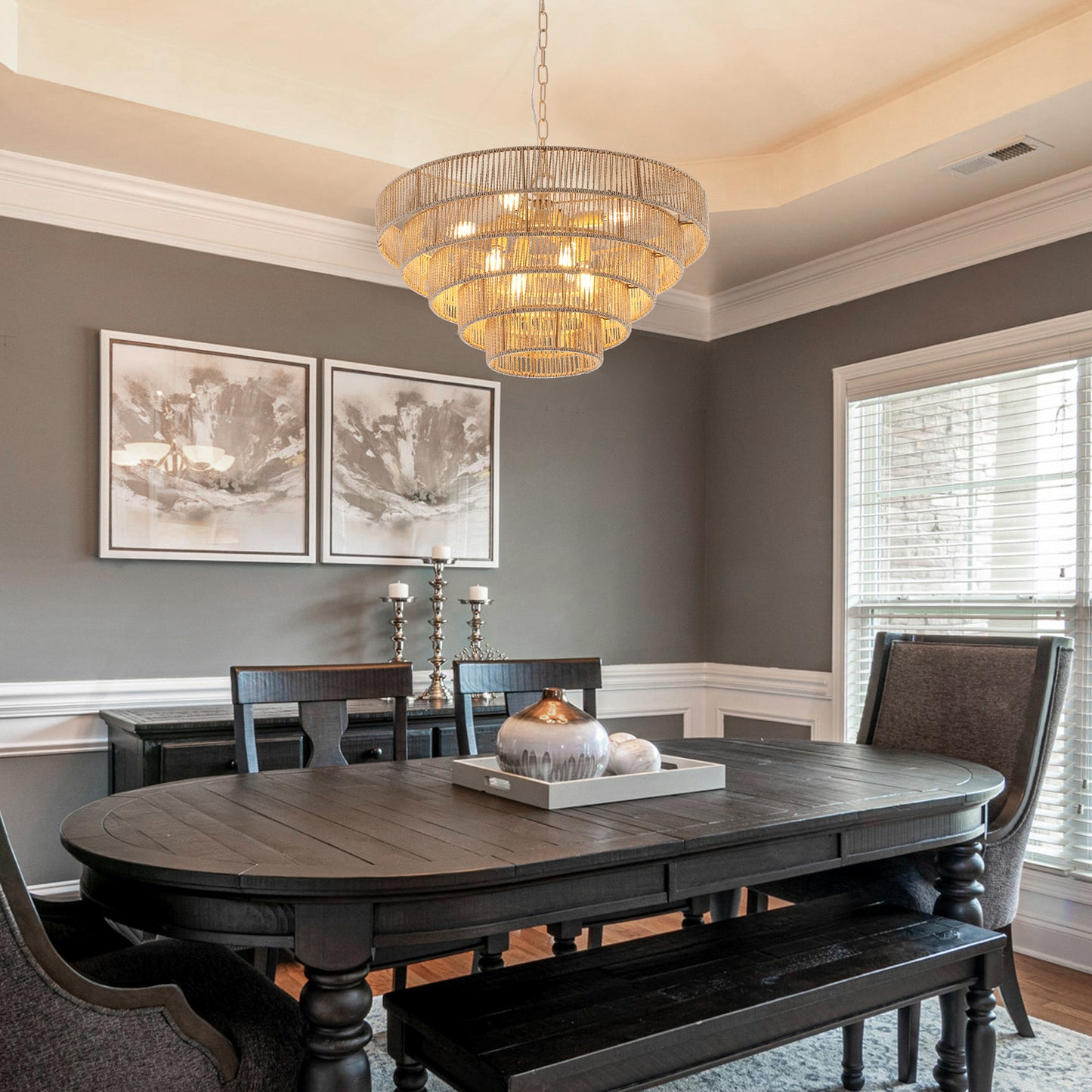 Multitier rope chandelier with warm LED bulbs adds rustic charm