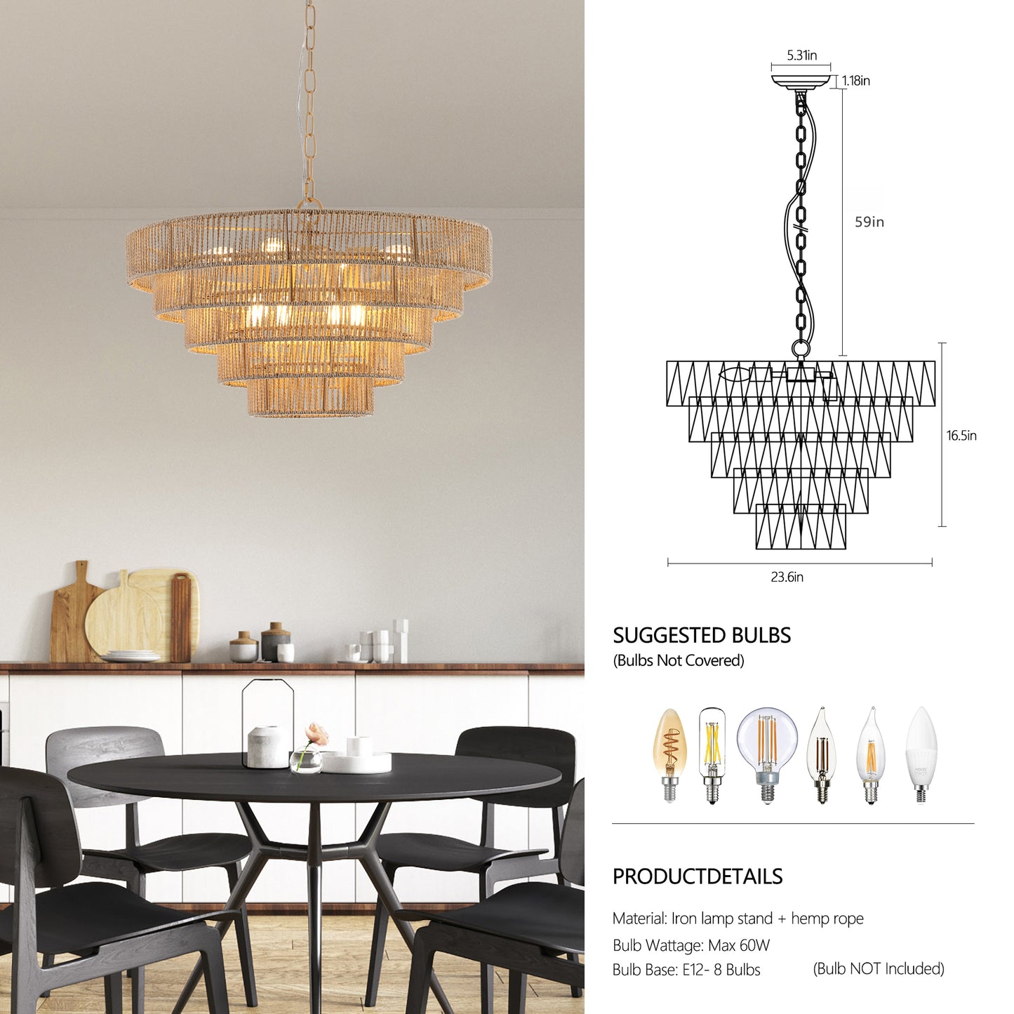 Tiered natural rope chandelier with a gold chain perfect for dining rooms