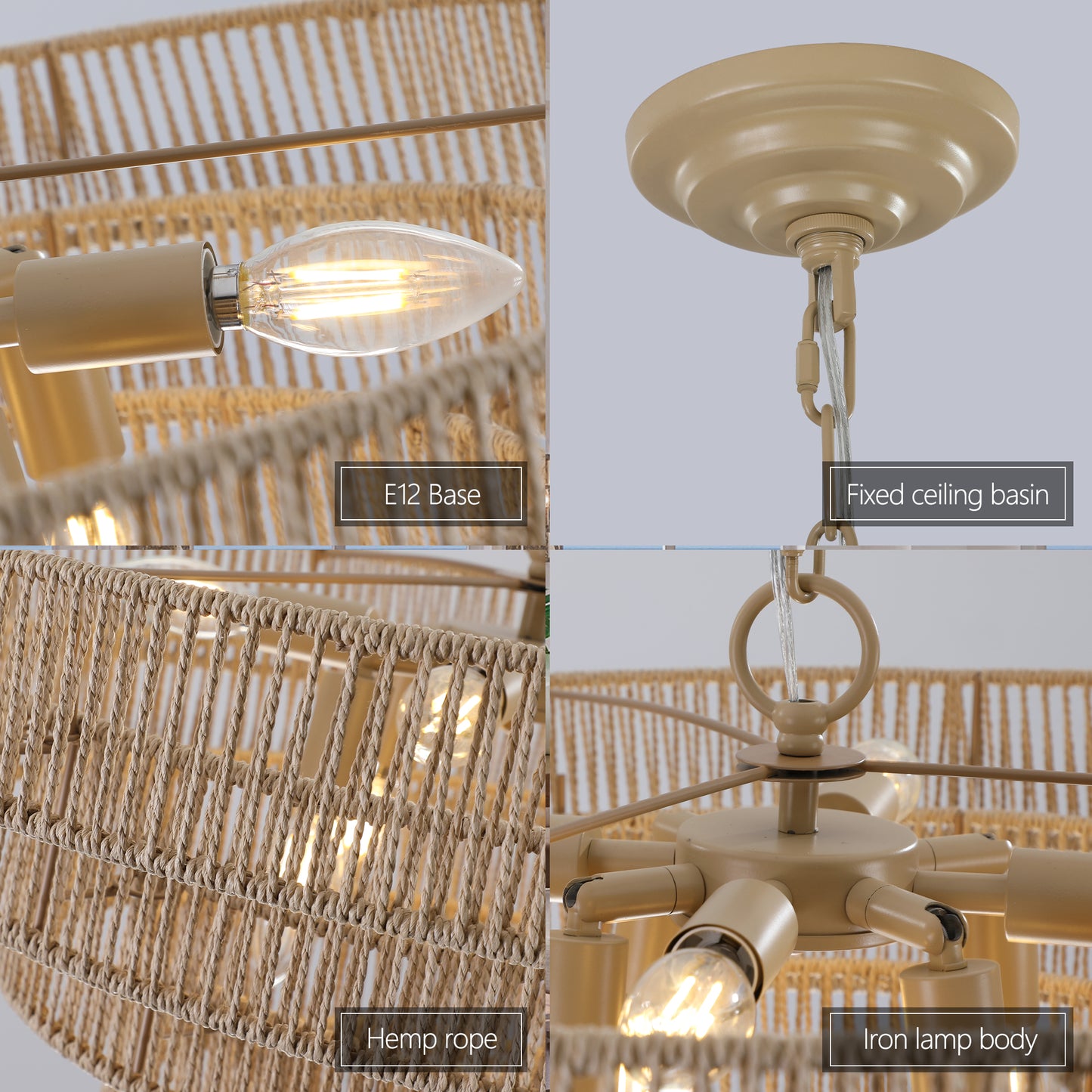 Closeup of beige chandelier with E base bulb and natural hemp rope detailing